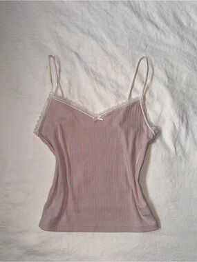 Delicate Lace-Trim Ribbed Cami - Light Pink
